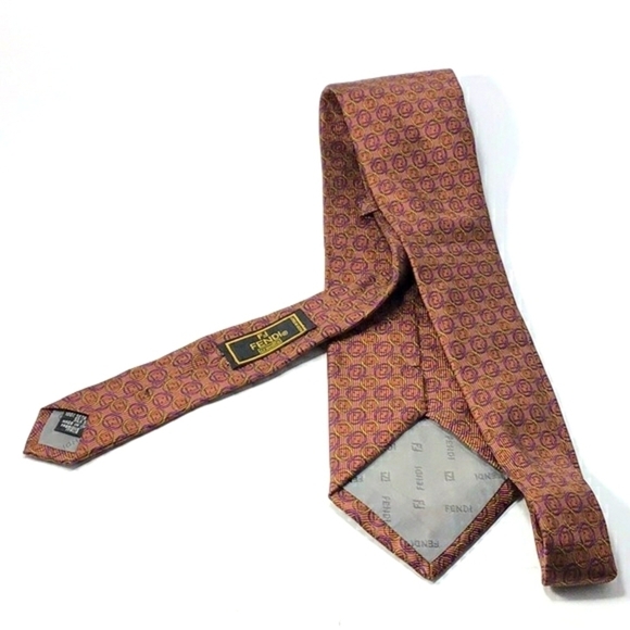 FENDI VINTAGE Copper With Gold and Purple Rings around Logo Print Silk Tie - Picture 8 of 15